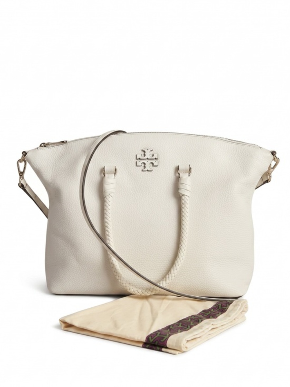 Tory Burch Pebbled Leather Ivory Satchel Tote Crossbody Bag w Dust Bag